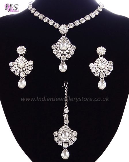 Delicate silver crystal necklace set - Shabnam NSWC11131 Indian Jewellery