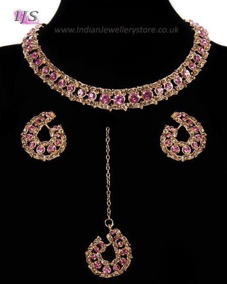 Elegant Champagne Crystal Collar Necklace & Studs NGPC11458 Indian Jewellery