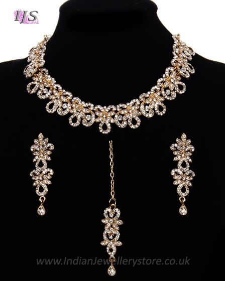 Elegant White Crystal Indian Collar Necklace Set NGWC11464 Indian Jewellery