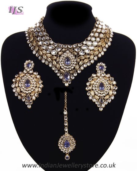 Statement Kundan Collar Necklace Set - greyish lavender purple NAUK11521 Indian Jewellery