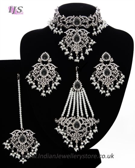 Silver Mughal Princess Indian Jewellery Set - Choker, Ear, Tikka & Jhumar - black NSBC11544 Indian Jewellery