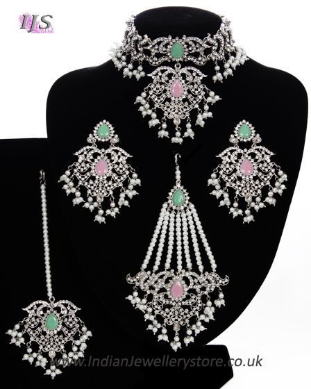 Silver Mughal Princess Indian Jewellery Set - Choker, Ear, Tikka & Jhumar - baby pink & mint green NSPC11546 Indian Jewellery