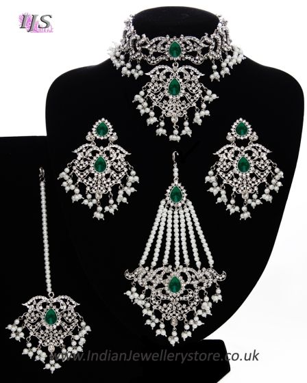 Silver Mughal Princess Indian Jewellery Set - Choker, Ear, Tikka & Jhumar - bottle green NSGC11549 Indian Jewellery