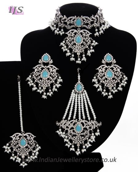 Silver Mughal Princess Indian Jewellery Set - Choker, Ear, Tikka & Jhumar - sky blue NSLC11553 Indian Jewellery