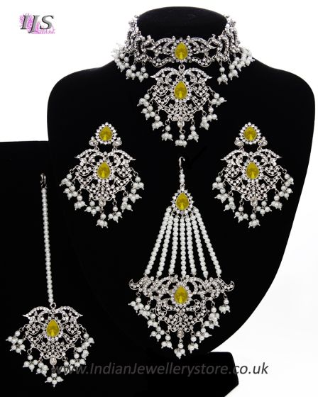 Silver Mughal Princess Indian Jewellery Set - Choker, Ear, Tikka & Jhumar - yellow NSYC11554 Indian Jewellery