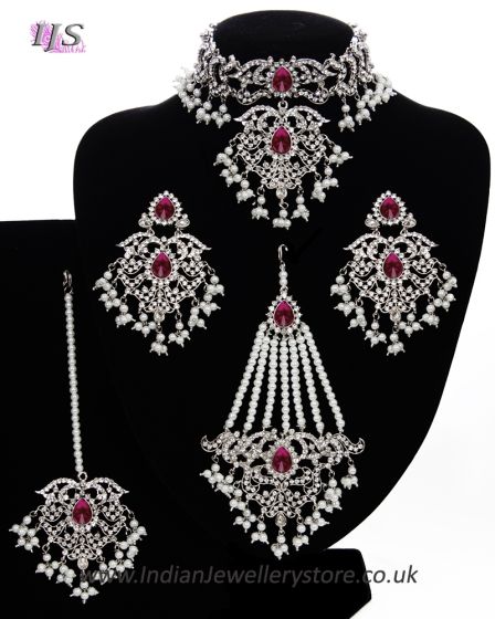 Silver Mughal Princess Indian Jewellery Set - Choker, Ear, Tikka & Jhumar - fuchsia pink NSPC11555 Indian Jewellery