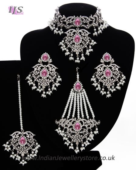 Silver Mughal Princess Indian Jewellery Set - Choker, Ear, Tikka & Jhumar - medium pink NSPC11556 Indian Jewellery