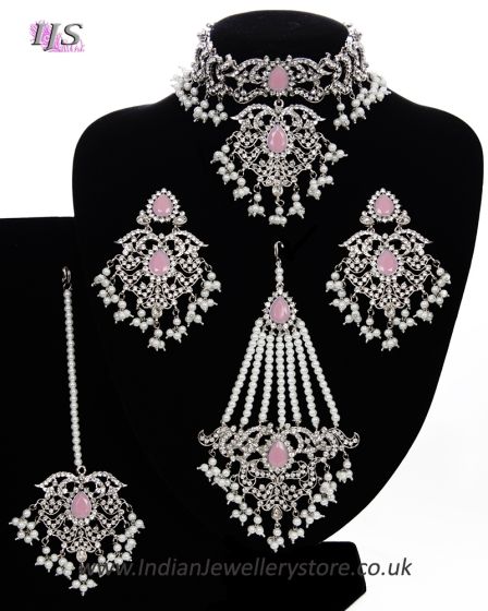 Silver Mughal Princess Indian Jewellery Set - Choker, Ear, Tikka & Jhumar - baby pink NSPC11557 Indian Jewellery