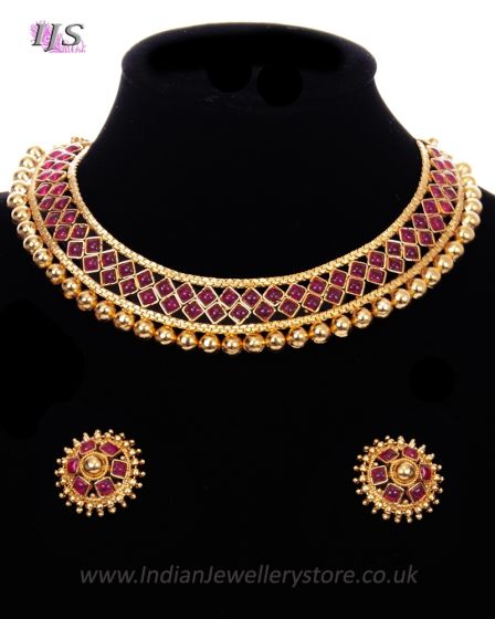 Ruby Traditional Indian Collar Necklace & Stud Earrings NERP11652 Indian Jewellery