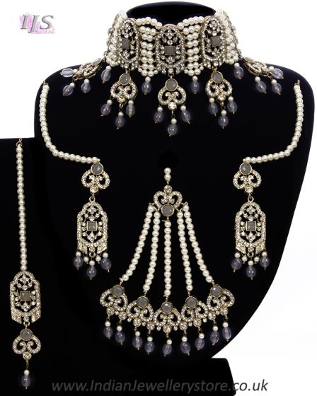 Pakistani Bridal Choker Set incl Pearl Jhumar NAEL11706 Indian Jewellery