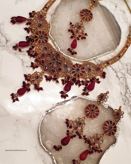 Maroon Red 22k Gold Plated Necklace Set NGRP0331 Indian Jewellery