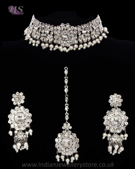 Silver, Pearl & Crystal Indian Choker Necklace Set NSWC11744 Indian Jewellery