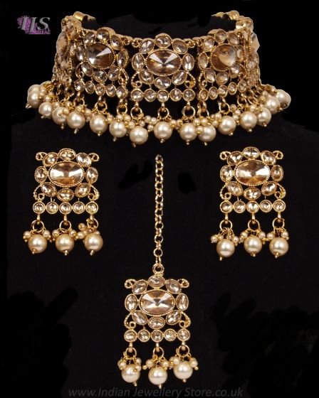 Traditional Pearl Indian Choker & Studs Jewellery Set - Champagne NENP11859 Indian Jewellery