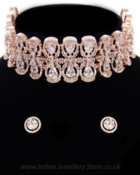 Modern Indian Wide Choker & Halo Studs in CZ & Rose Gold NRWA11907 Indian Jewellery
