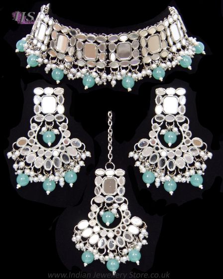 Silver Mirrored Asian Indian Choker Jewellery Set NSLM11917 Indian Jewellery