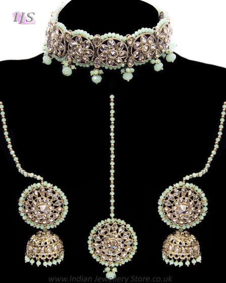 Antique Indian CZ Diamond Jewellery: Choker, Jhumki & Tikka - Mint Green LAGA12066 Indian Jewellery