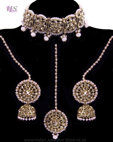 Antique Indian CZ Diamond Jewellery: Choker, Jhumki & Tikka - Blush Pink LAPA12067 Indian Jewellery