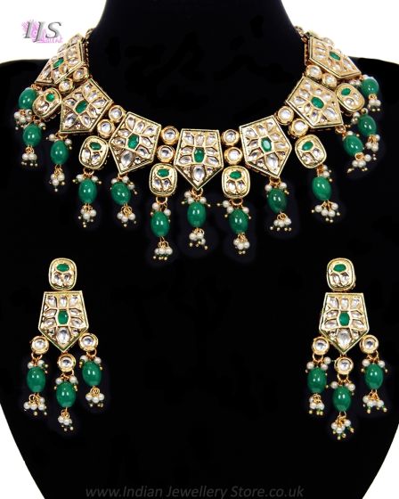 Kundan Necklace Set with Back Meena - Green NEGL12017 Indian Jewellery