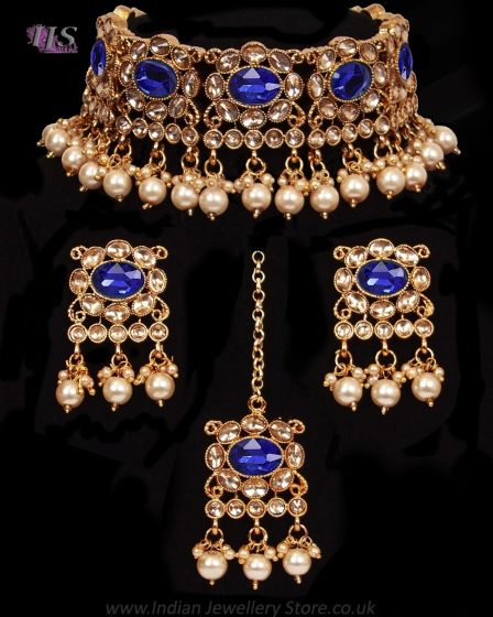 Traditional Pearl Indian Choker & Studs Jewellery Set - Royal Blue NEBP11991 Indian Jewellery
