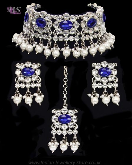 Silver Asian Indian Choker & Studs Jewellery Set NSLK11993 Indian Jewellery