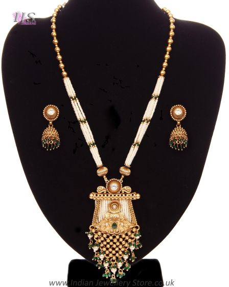 Pearl & Matte Gold Indian Mala & Jhumkis NEGL12015 Indian Jewellery