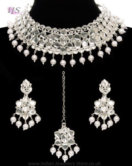 Kundan & Pearl Traditional Asian Indian Choker Jewellery - Silver NSWK12030 Indian Jewellery