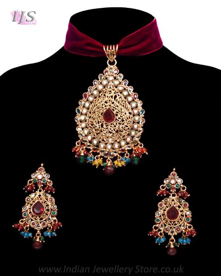 Indian Jewelled Maroon Velvet Choker Set NERC11788 Indian Jewellery