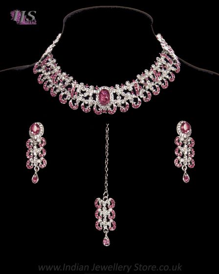 Modern Silver Indian Crystal Necklace Set - Baby Pink NSPC12278 Indian Jewellery