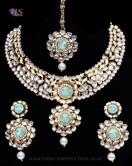 Kundan JASMINE Indian Necklace Set - Mint Green NAGK11522 Indian Jewellery