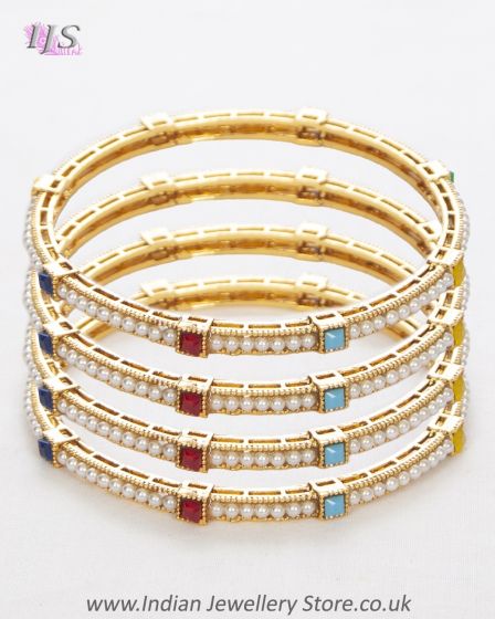 Set of 4 Pearl & Multi-coloured Polki Churis 2.6 WEML12240 Indian Jewellery