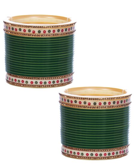 Traditional Punjabi, Dotted champagne (LCT) crystal Wedding Chura - bottle green UGGC12385 Indian Jewellery