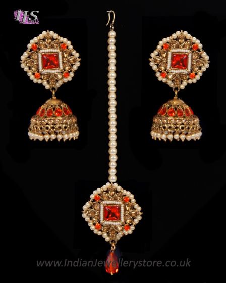 Champagne Indian jhumka earrings & tikka jewellery set - Orange IAOA11124 Indian Jewellery