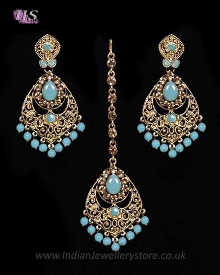 Antique Chandelier earring & Tikka Set, Sky Blue - PRAJANA IALC11359 Indian Jewellery