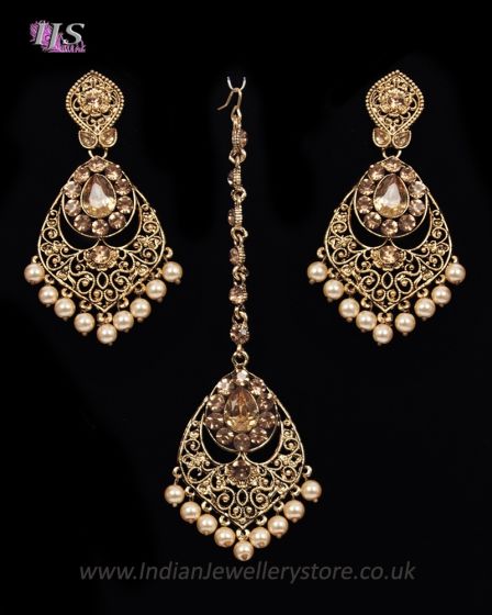 Antique Chandelier earring & Tikka Set, Pearl - PRAJANA NANC11364 Indian Jewellery