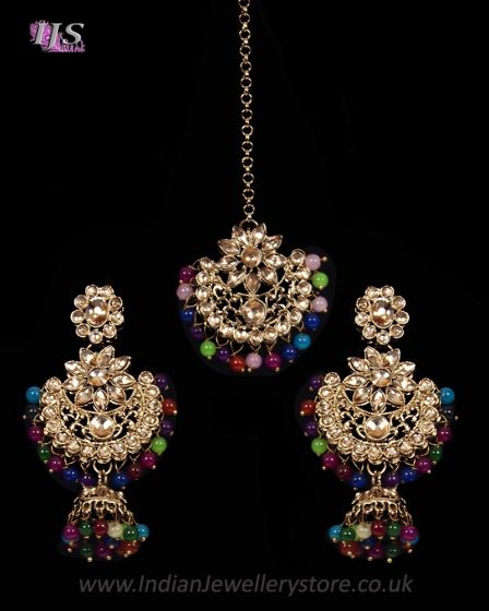 Champagne Antique Medium Tikka & Dangler Jhumki Earring Set - multi coloured IAMK11611 Indian Jewellery