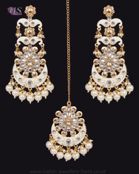 Statement Kundan & Meenakari Earrings & Tikka - Pearl White IEWK11979 Indian Jewellery