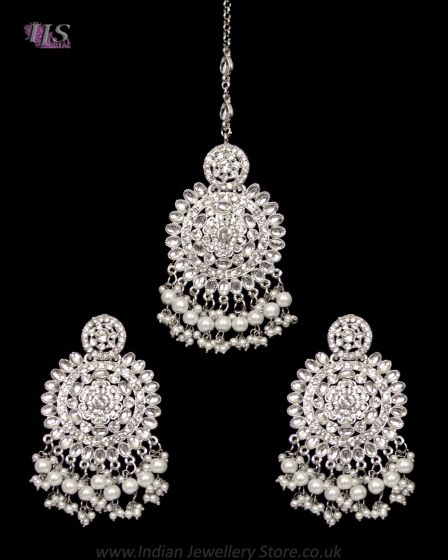 Silver Kundan & Crystal Earrings & Tikka Jewellery ISWK12348 Indian Jewellery