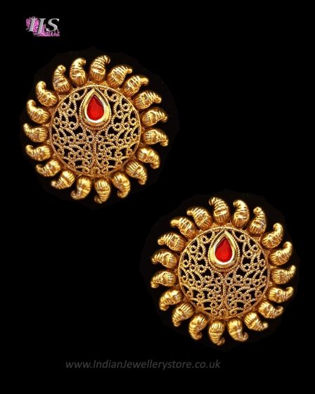 Sunray Large Indian 22k Stud Earrings - Blood Red EERK11230 Indian Jewellery