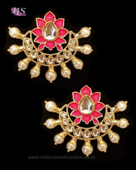 Crescent Moon & Lotus Flower, Pearl Oversized Asian Stud Earrings - Neon Pink EEPK11243 Indian Jewellery