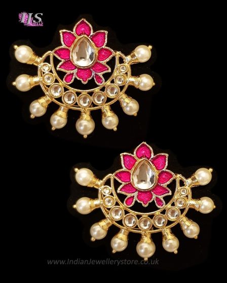 Crescent Moon & Lotus Flower, Pearl Oversized Asian Stud Earrings - Fuchsia Pink EEPK11241 Indian Jewellery