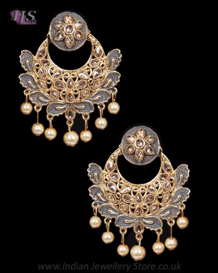 Meenakari Medium Chand Bali Earrings - Grey EAEA12136 Indian Jewellery