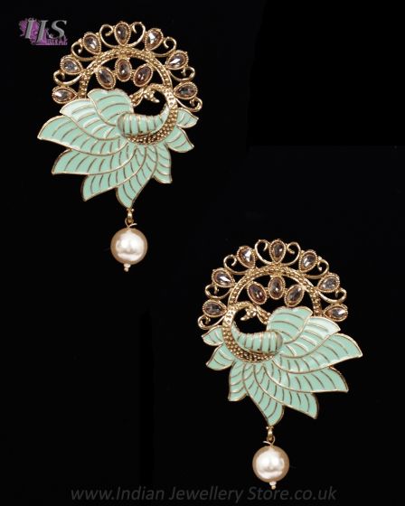Value Meenakari Statement Stud Earrings - Mint EAGA12140 Indian Jewellery