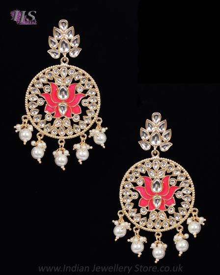 Statement lotus flower kundan earrings - neon pink EGPK12146 Indian Jewellery