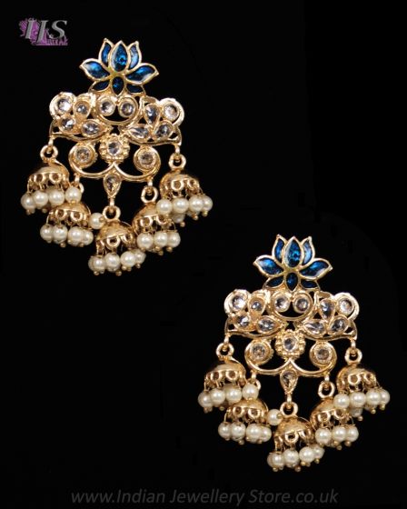 Light Gold Layered-Jhumka Indian Earrings - royal blue EGLA12153 Indian Jewellery