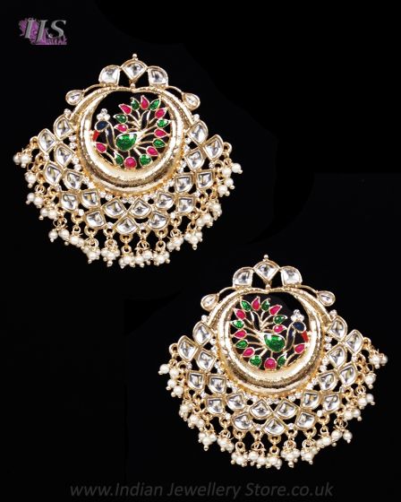 Statement Kundan Peacock Stud Earrings - Pink & Green EGPK12167 Indian Jewellery