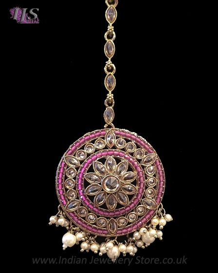 Round Medium American Diamond Indian Head Jewel - Fuchsia Pink ZAPA11953 Indian Jewellery