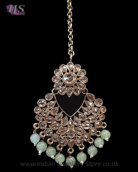 Round Antique Medium Indian Tikka Headpiece - Mint ZAGA12265 Indian Jewellery