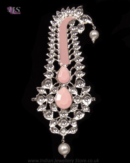 Kundan Large Brooch - Silver & baby blush pink KSPK11972 Indian Jewellery