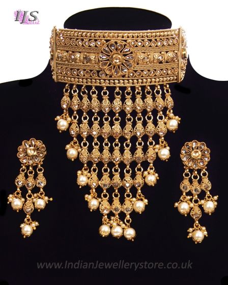 22k Effect Champagne Diamond Tiered Choker - Pearl NENA11198 Indian Jewellery