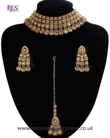 Flexible Champagne Choker & Collar Necklace Set - PARI NANC11286C Indian Jewellery